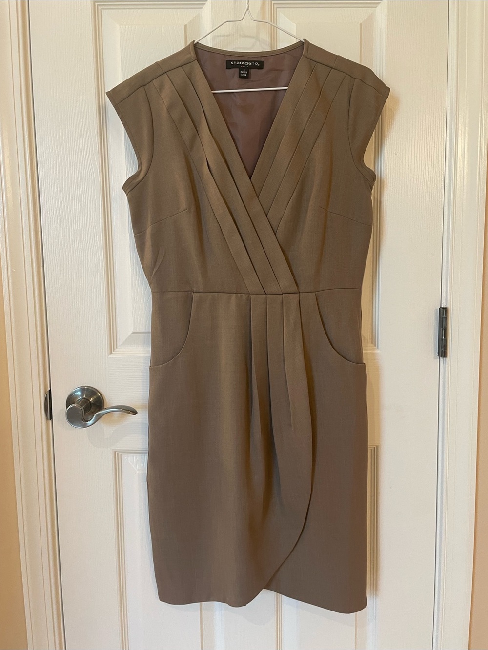 V-Neck Pleated Shift Dress in Taupe/tan 4 - Picture 2 of 8